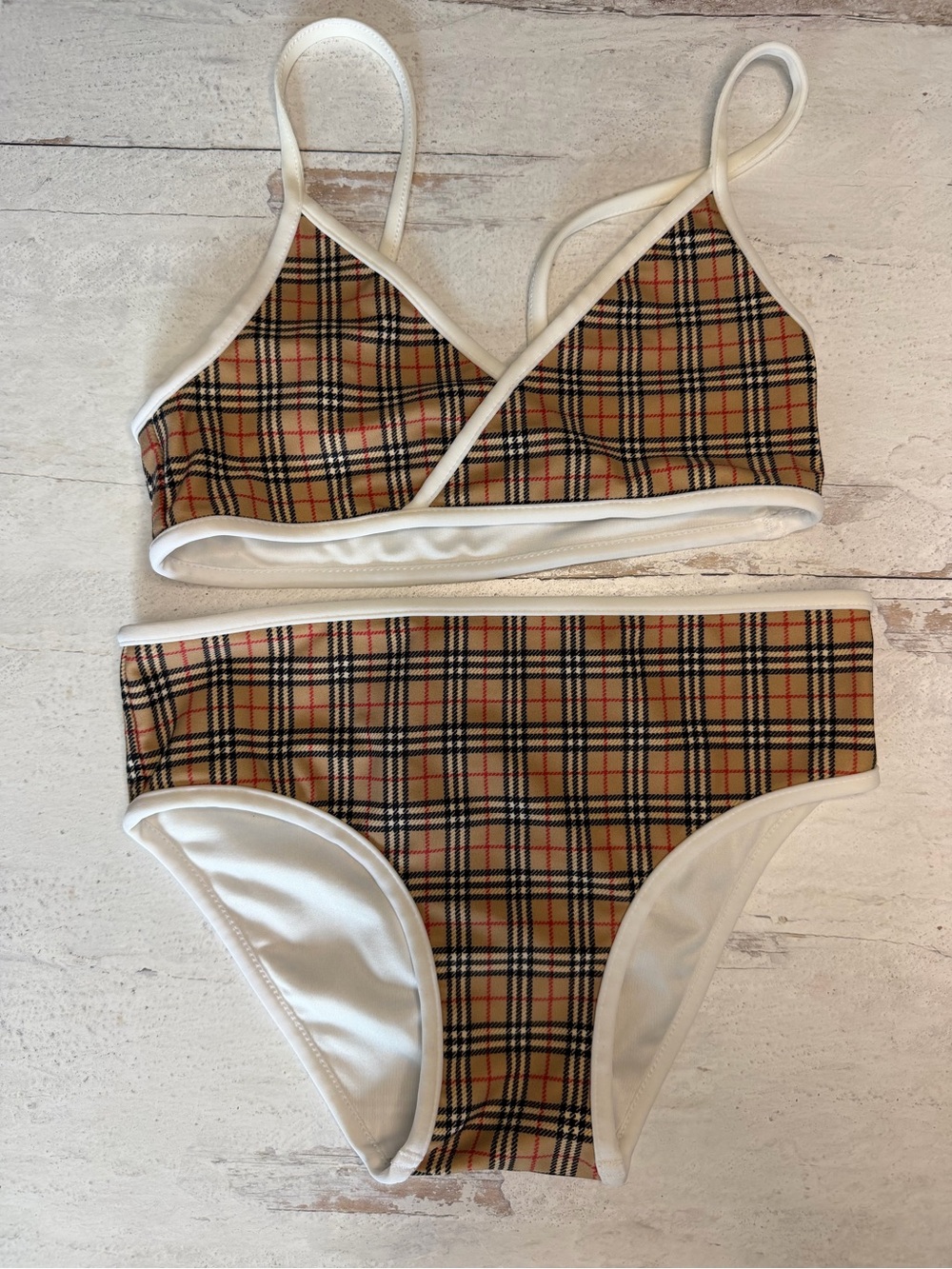 Burberry Beige Plaid Bandeau Bikini Set with White Trim